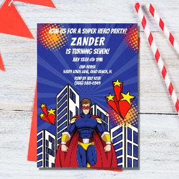 Small Supehero Skyline Boy Birthday Party Invitation Front View
