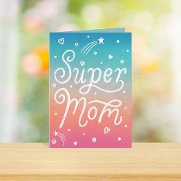 Small Super Mom Stars Hearts Lettering Mother's Day Invitations Front View