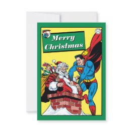 Small Superman Helping Santa Claus Down The Chimney Invitation Front View