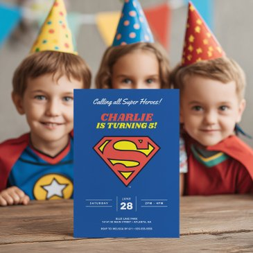 superman logo | blue super hero birthday invitation