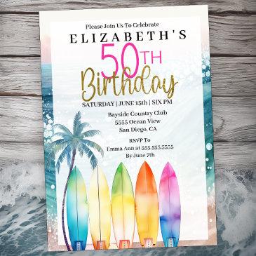 surfboards ocean beach women's 50th birthday invitation