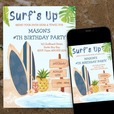 surfs up birthday party boys surfboard invitation