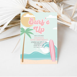 Small Surfs Up Pink Beach Birthday Invitation Front View