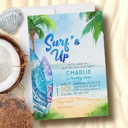 Small Surf's Up Surfboards On Beach Birthday Any Age Invitation Front View