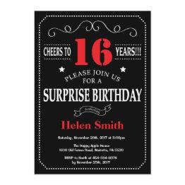 Small Surprise 16th Birthday Invitation Red And Black Front View