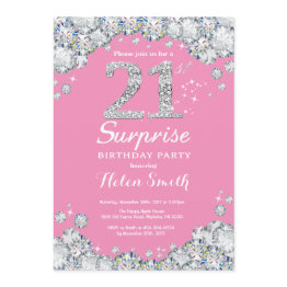 Small Surprise 21st Birthday Pink And Silver Diamond Invitation Front View
