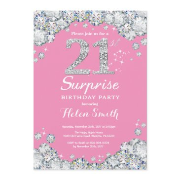 surprise 21st birthday pink and silver diamond invitation