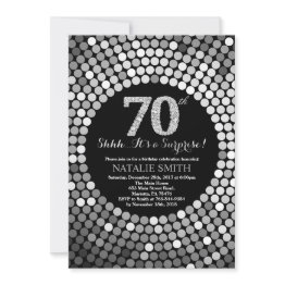 Small Surprise 70th Birthday Black And Silver Glitter Invitation Front View