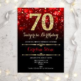 Small Surprise 70th Birthday - Black Red Gold Invitation Front View