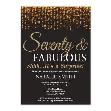 surprise 70th birthday seventy and fabulous gold invitation