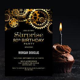 Small Surprise 80th Birthday Black Gold Steampunk Invitation Front View