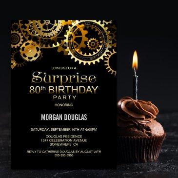 surprise 80th birthday black gold steampunk invitation