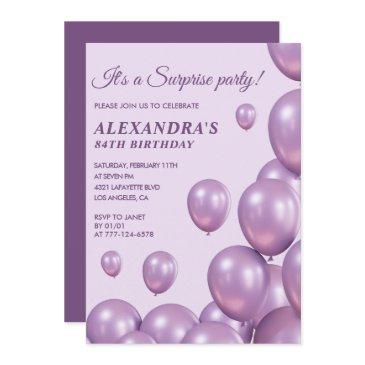 surprise 84th birthday invitations purple balloons