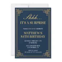 Small Surprise Birthday Navy Blue Gold Men 84th Birthday Invitation Front View