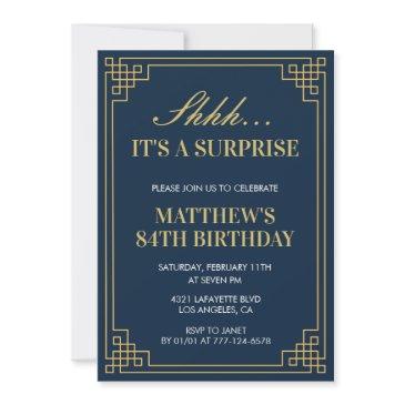 surprise birthday navy blue gold men 84th birthday invitation