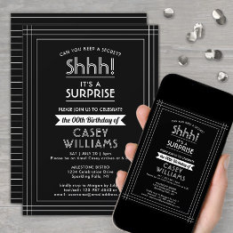Small Surprise Birthday Party Elegant Black And White Invitation Front View