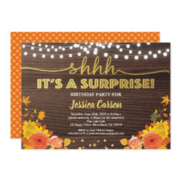 Small Surprise Birthday Party Fall Rustic Wood Floral Invitation Front View