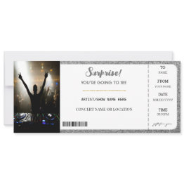 Small Surprise Concert Glam Silver Glitter Gift Ticket Invitation Front View