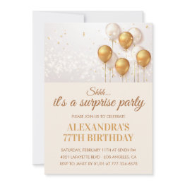 Small Surprise Gold Balloons 77th Birthday Invitation Front View