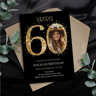 surprise gold glitter 60th birthday photo invitation