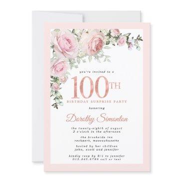 surprise party 100th birthday blush pink floral invitation