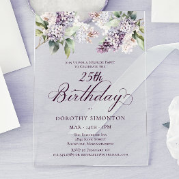 Small Surprise Party 25th Birthday Purple Lilac Floral Acrylic Invitations Front View