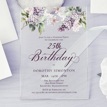 surprise party 25th birthday purple lilac floral acrylic invitations