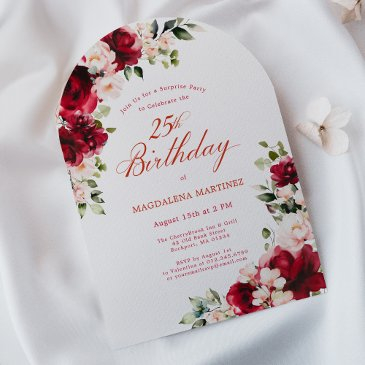surprise party 25th birthday red pink floral arch invitation