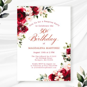 surprise party 50th birthday red pink floral invitation