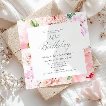 surprise party 80th birthday pink floral square invitation