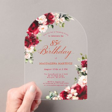 surprise party 85th birthday red pink floral arch acrylic invitations
