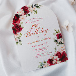 Small Surprise Party 85th Birthday Red Pink Floral Arch Invitation Front View