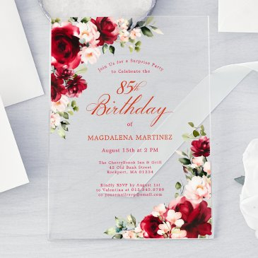 surprise party 85th birthday red rose pink peony acrylic invitations