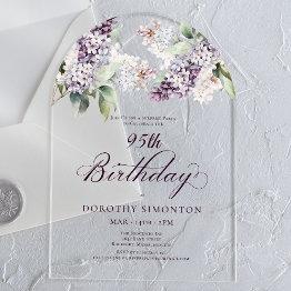 Small Surprise Party 95th Birthday Purple Floral Arch Acrylic Invitations Front View