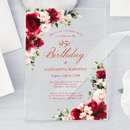 Small Surprise Party 95th Birthday Red Rose Pink Peony Acrylic Invitations Front View