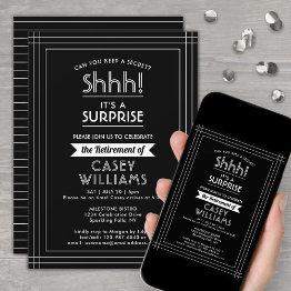 Small Surprise Retirement Party Elegant Black And White Invitation Front View