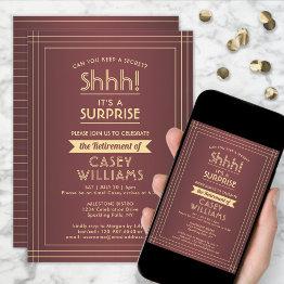Small Surprise Retirement Party Elegant Burgundy & Gold Invitation Front View