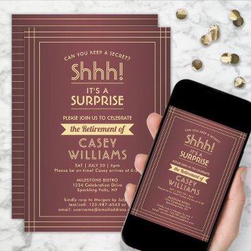 surprise retirement party elegant burgundy & gold invitation