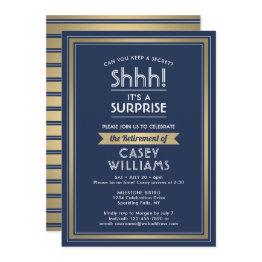 Small Surprise Retirement Party Shhh! Navy Blue & Gold Invitation Front View