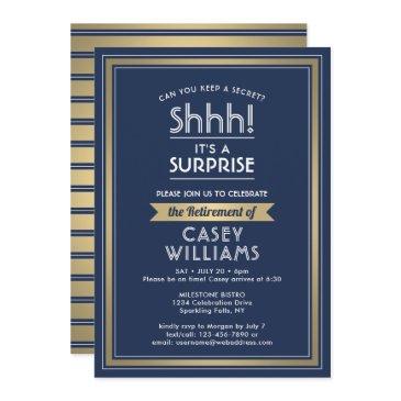 surprise retirement party shhh! navy blue & gold invitation