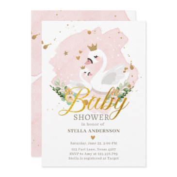 swan baby shower invite girl princess pink gold