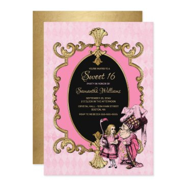 sweet 16 alice in wonderland pink gold party invitation