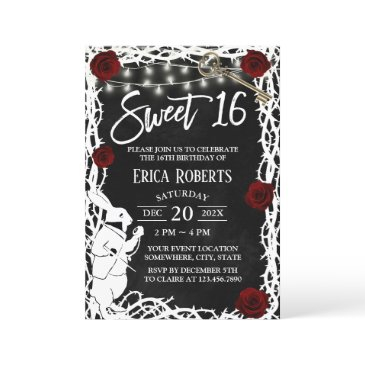 sweet 16 alice in wonderland thorn & rose flower invitation