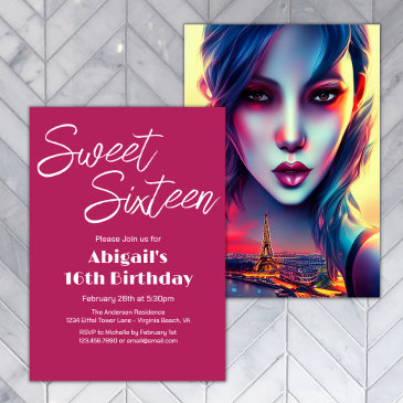 sweet 16 artistic girl paris eiffel tower birthday invitation