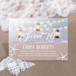 Small Sweet 16 Beach Starfish String Lights & Lanterns Invitation Front View