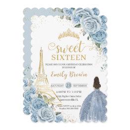 Small Sweet 16 Birthday Baby Blue Floral Paris Gold Invitation Front View