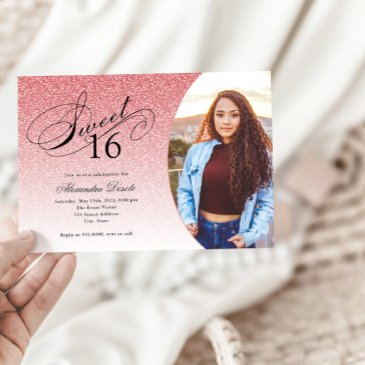 sweet 16 birthday baby pink glitter glam photo invitation