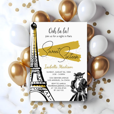 sweet 16 birthday eiffel tower night in paris gold invitation