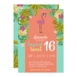 Small Sweet 16 Birthday Flamingo Luau Palm Tree Beach Invitation Front View