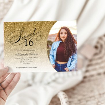 sweet 16 birthday gold glitter glam photo invitation